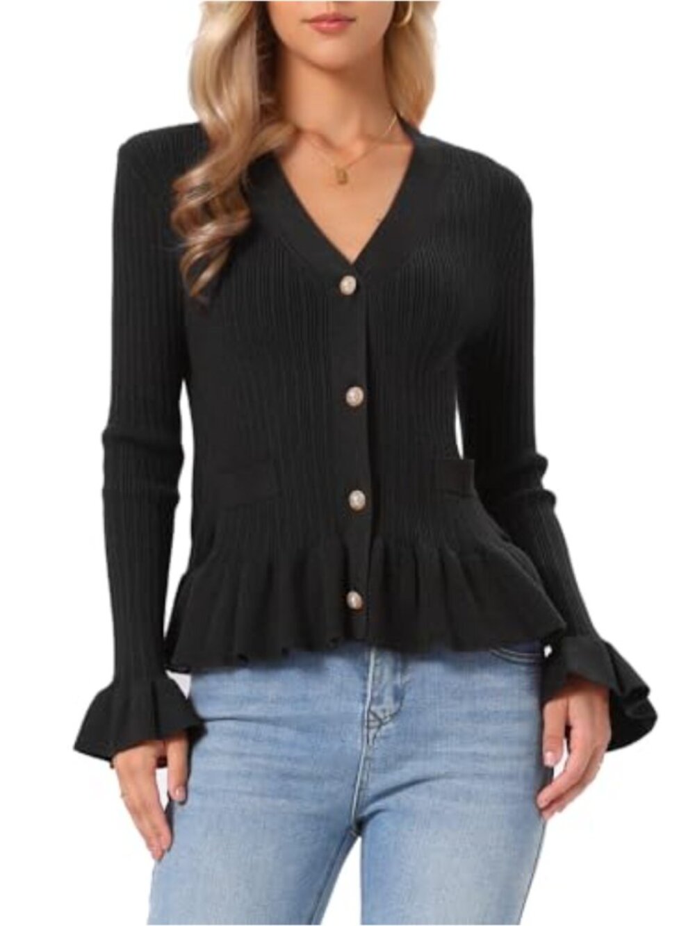 Womens Open Front Cardigan V-Neck Pearl Button Long Sleeve Knit Sweater